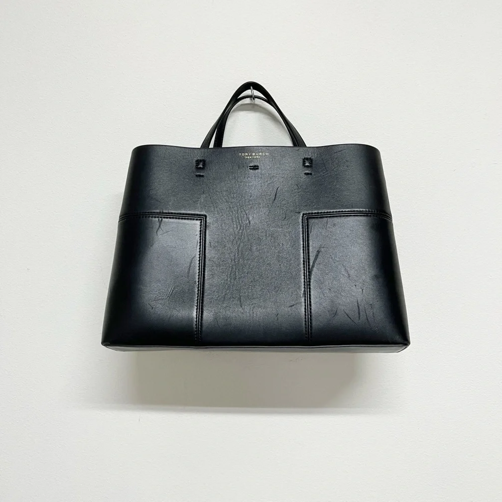 Tory Burch New York Womens Black Leather Structured Large Block T Tote